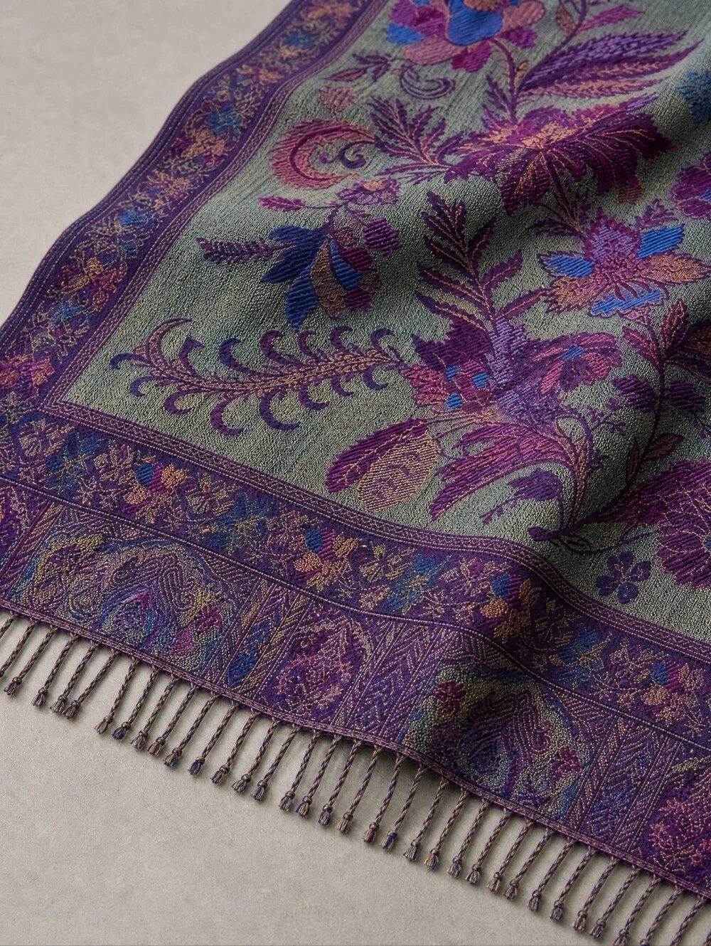 Floral Paisley Jacquard Scarf Wrap Shawl Iridescent Teal Purple Fringe 26.5